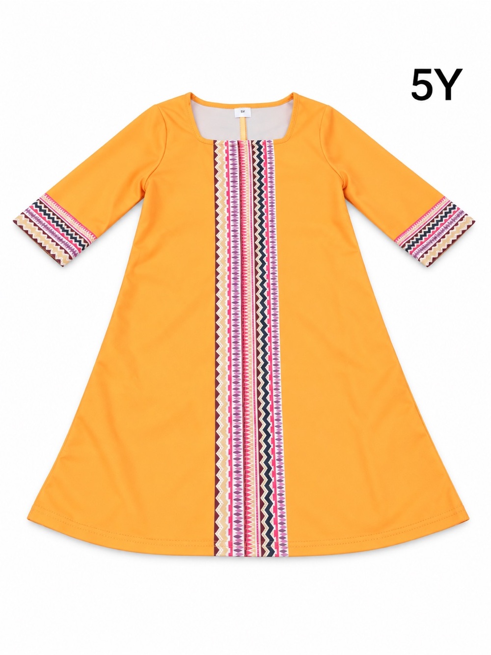 SHEIN Yellow Aztec-Trim A-Line Dress with Pink & Navy Accents